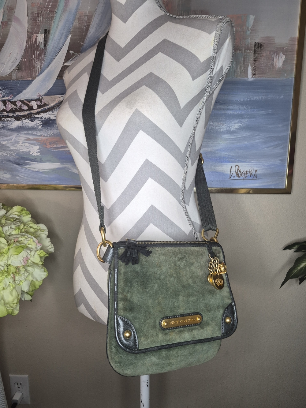 Juicy Couture Green Suede Crossbody with Gold Hardware